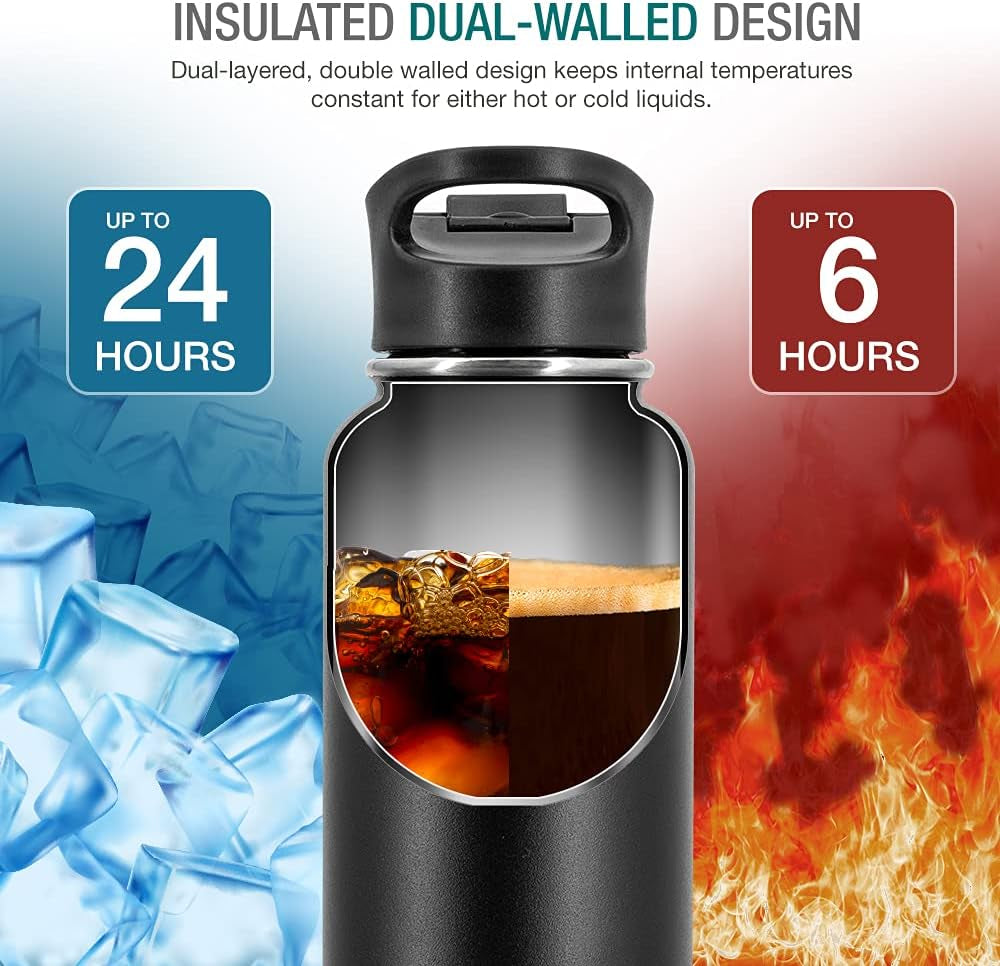 Dione Water Bottle 40 Oz. Flask Double Wall Stainless Steel & Vacuum Insulated (Black) Sport Hydro Container (Standard Mouth/Leak Proof/Bpa Free Cap), (MB000315)