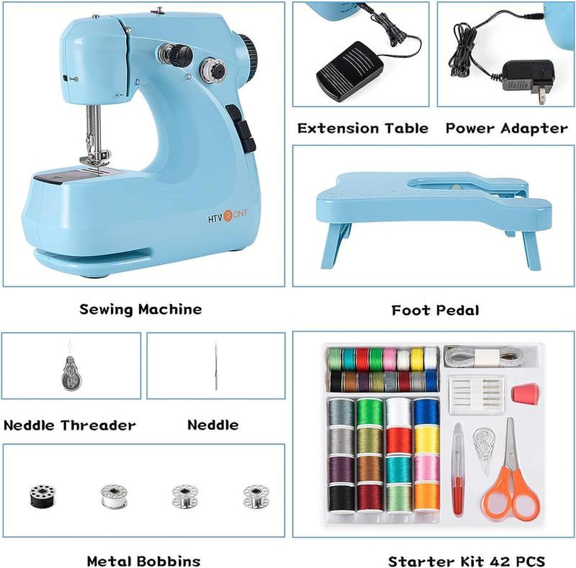 HTVRONT Mini Sewing Machine for Beginners - Portable Sewing Machine with Extension Table, Foot Pedal, Light, 42 Pcs Sewing Set, Etc. Dual Speed Small Sewing Machine for Beginners and Kids