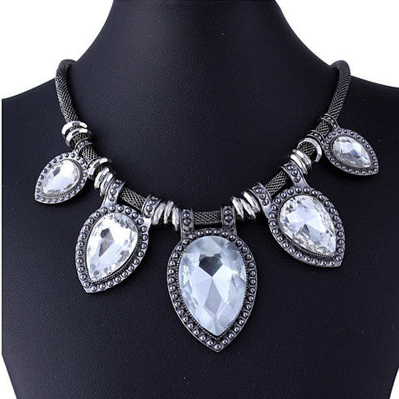 Beyoutiful Crystal and Antique Silver Style Statement Necklace