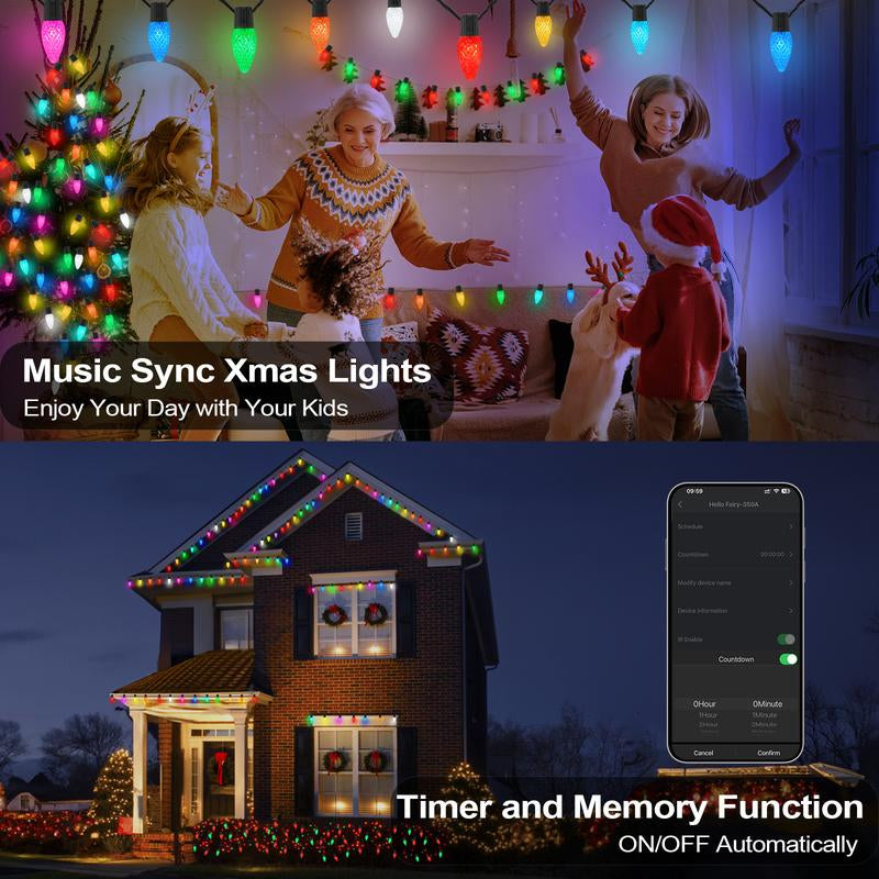 Smart C9 Christmas Outdoor Lights, APP Remote Controlled RGB String Lights, DIY Chasing Xmas Lights, Color Changing with Timer & Music Sync for Holiday Xmas Tree Decoration
