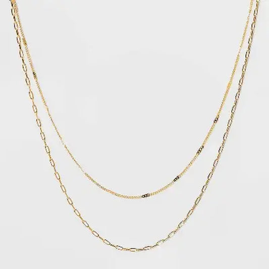 Open Box - 14K Gold Plated Flat Beaded & Link Chain Duo Necklace a New Day Gold